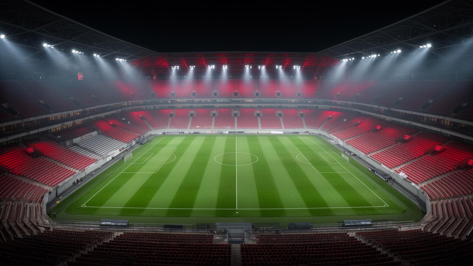 Aerial view of an empty modern stadium glowing red at night
